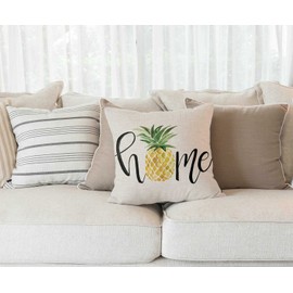 Rustic Farmhouse Style Retro Pineapple Home Décor Spring Summer Sign Family Decoration Cotton Linen Home Decorative Throw Pillow Case Cushion Cover with Words for Sofa Couch, 18" x18"