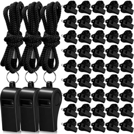 Flutesan 48 Packs Plastic Whistles with Lanyard Coaches Sports Whistle Loud Crisp Sound Whistles Bulk for Coach Referees Training Lifeguard School Emergency (Black)