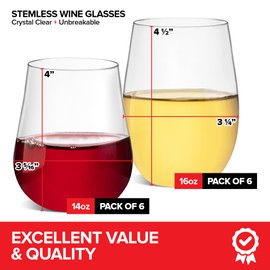 12 Count Plastic Red and White Wine Stemless Wine Glasses Set, 6 x 16oz White Wine Glass and 6 x 14oz Red Wine Glass, Unbreakable Wine Glasses, Crystal Clear, Reusable and Shatterproof Party Glasses