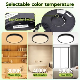 hykolity 9 Inch Selectable CCT LED Round Flat Panel Light, 18W 1800LM 3000K/4000K/5000K, Edge-Lit Flush Mount Ceiling Light Fixture for Kitchen, Bedroom, Laundry and Closet Room, Black