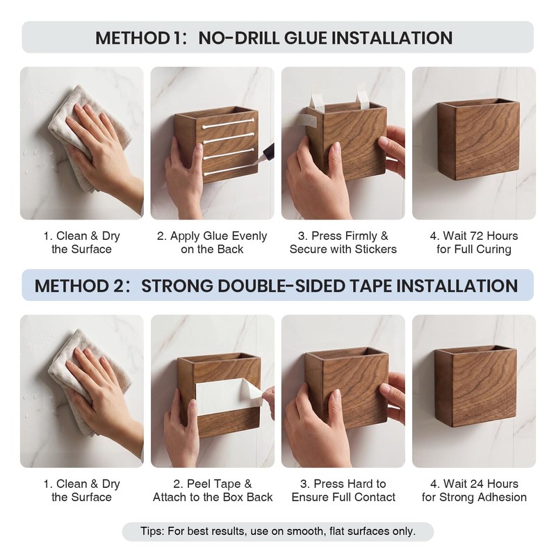 Wislist Remote Holder Hole-Free, Self-Adhesive Storage Wooden Box Small