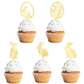 URROMA Cupcake-Topper-Set für Ostern, Motiv: Happy Easter, goldener Hasen-Kuchenanhänger, Spiegel, Acryl, Kuchenspieße, Ostern, Party, Obst, Desserts, Dekoration, Zubehör, 15 Stück