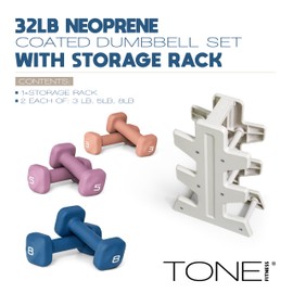 Tone Fitness 32 LB Neoprene Dumbbell Set with Storage Rack – Non-Slip, Anti-Roll Hand Weights for Home Gym Workouts - Mixed Colors | Orange, Purple and Blue.