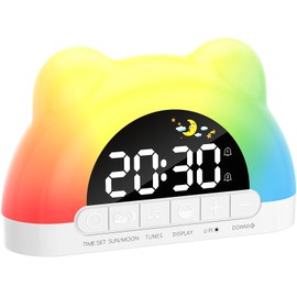VOSFEEL Children's Alarm Clock, Digital Alarm Clock with 11 RGB Colour Night Light 5 Screen Brightness Dual Alarms
