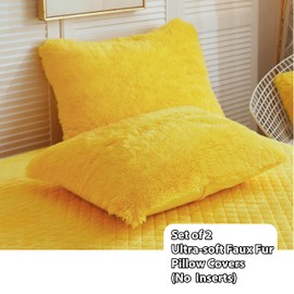 LIFEREVO 2 Pack Shaggy Plush Faux Fur Pillow Shams Velvet Reverse,Decorative Throw Pillow Covers,Fluffy Pillowcases Zipper Closure for Couch,Sofa,Bed King(Yellow,20"x36")