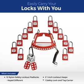 BRADY Portable Lockout Padlock Station, Lockout Tagout Locks Rack, Fits 12 Padlocks, Red Keyed Different Safety Padlocks Set (1 Key Per Lock), Handheld Safety Locks Organizer and Storage - 153677
