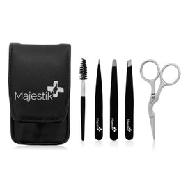 5Pcs Tweezers Set - Eyebrow Grooming Kit with Curved Stainless Steel Scissors, Spoolie Eyebrow Brush in Black Case - Eye brow Kit for Men and Women