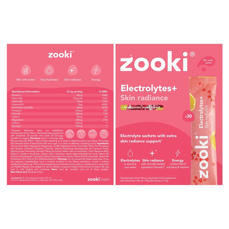 Zooki Electrolytes+ Skin Radiance Hydration Electrolytes Sachets – Pomegranate Lemon