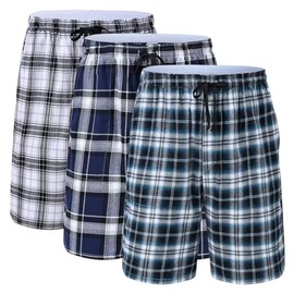 yuyangdpb Men's 3-Pack Woven Pajama Short Cotton Plaid Sleepwear Shorts Button Open Fly with Pockets 3P06 L