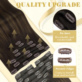 VeSunny Clip in Hair Extensions Human Hair Balayage Brown Human Hair Clip in Extensions Brown Ombre Chestnut Brown Mix Darkest Brown Hair Extensions Clip in Human Hair Brown Ombre 22inch 7pcs/120g