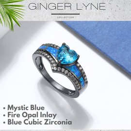 Black Engagement Ring for Women by Ginger Lyne | Promise Ring for Her | Mystic Blue Cubic Zirconia Wedding Rings | Simulated Fire Opal Birthstone or Bridal for Women