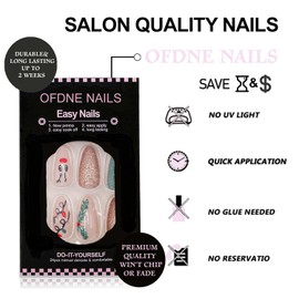 Christmas Press on Nails Medium Stiletto OFDNE Fake Nails False Nails with Light Designs Colorful Cane Candy Reindeer Glitter Glossy Glue on Nails Xmas Acrylic Nails for Women Girls 24 Pcs