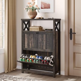 YITAHOME Shoe Cabinet with 2 Flip Drawers, Entryway Shoe Storage Cabinet with Open Shelves, Free Standing Hidden Shoe Rack Storage Organizer for Entryway/Hallway/Closet, Dark Rustic Oak