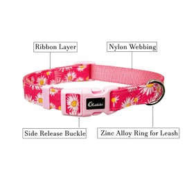 Olahibi Basic Dog Collar, Nylon Webbing Plus Cotton Ribbon, Daisy Pattern, for Small Dogs.(S, Pink Daisy)