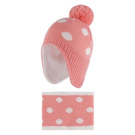 LACOFIA Baby Girls Winter Hat and Collar Scarf Set Knit Toddler Earflaps Beanie Kids Warm Fleece Lining Hat with Pompom, 2 Pack Pink 1-2 Years M