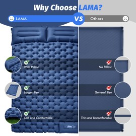 LAMA Double Sleeping Pad for Camping, 2 Persons Self Inflating Camping Mat for Sleeping, Ultralight Sleeping Mat with Pillow Built-in Pump, Ultra-Thick Air Mattress for Backpacking, Hiking, Blue