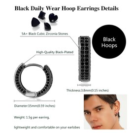 OYOGAAA Black Hoop Earrings - Colorful Cubic Zirconia, Daimond Cartilage - Fashion Trendy Women & Men's Hoop Huggie Earrings - Aretes Negros Para Hombre