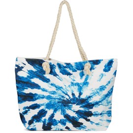 styleBREAKER 02012344 Women's XXL Beach Bag with Batik Swirl Pattern Print, Zip, Shoulder Bag, Shopper, white-blue