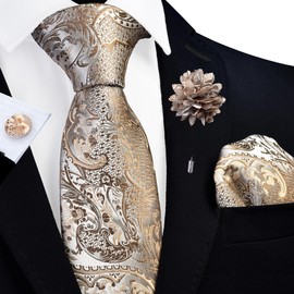 GUSLESON Khaki Champagne Tie Set for Men Silk Paisley Necktie Pocket Square Cufflinks and Lapel Pin Brooch Set for Wedding (6114-11)