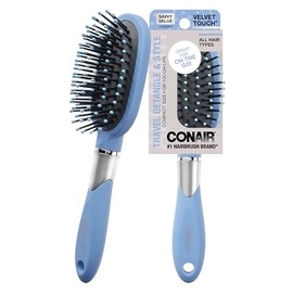 Conair Velvet Touch oval cushion hair brush - Travel Hairbrush- Detangling - ideal for curly or straight styles - detangler brushes - women or men - Sky Blue