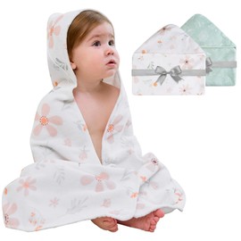 Viviland 2 Pack Hooded Baby Towels, Soft 100% Cotton Baby Bath Towels with Hood, Extra Thick and Absorbent, Essential for Newborns, Kids, Infants - Girls and Boys (Green Leaves)