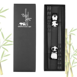 DXLing 2 Pairs Reusable Fibreglass Chopsticks with Panda Ceramic Chopsticks Gift Set Chinese Chopsticks Black Chopsticks for Japanese or Chinese Food Sushi