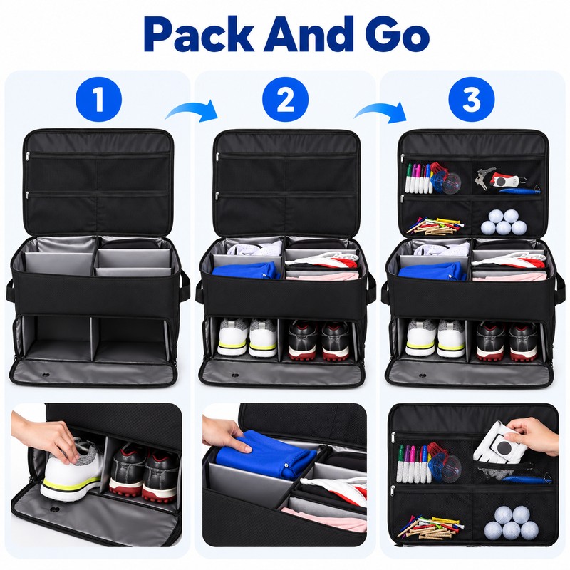 Golf Trunk Organizer With Shoe Storage, Multi-Compartment Car Storage Box