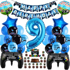 Cadimus Video Game Birthday Decoration, Gaming Balloons 9, Balloons Decoration 9 Years Boy, Birthday 9th Game Themes Party, XXL Gaming Controller Foil Balloons, Balloons Game Blue Black