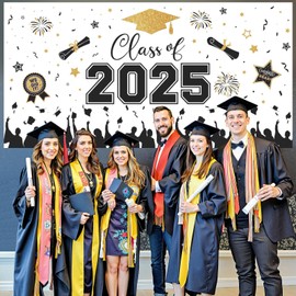 Graduation Decorations 2025 - Black Gold Congrats Grad Plastic Backdrop Banner, Large Class of 2025 Grad Backdrops Photo Props for Graduation Party Decoration Photography Supplies, 65 x 32.7 Inch