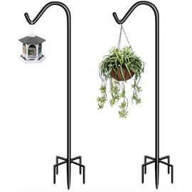 Garbuildman 76 Inch Tall Shepherd Hooks with 5-Forked Base, Adjustable Heavy Duty Bird Feeder Pole Stand Hanger for Outdoor, Shiny Black, 2 Pack
