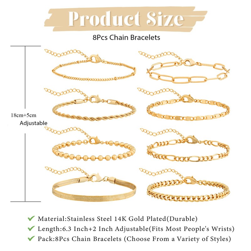 GUJOXILA 8pcs Gold Bracelets for Women Ladies Gold Plated Bracelet
