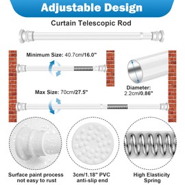 1 Pack Tension Curtain Rod Adjustable 15.7 to 27.5 inch shower curtain rod No Drilling Expandable Spring Loaded Curtain Rod For Bathroom, Kitchen, Doorway Closet Door, Shower Rod