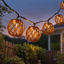 Outdoor Patio String Lights Plug in with 10 Incandescent Bulbs, Handwoven Natural Rattan Boho Decorative Lantern String Lights Connectable Weatherproof for Pergola, Porch, Mantel, Indoor Decor