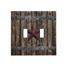 Western Texas Star Horseshoes Vintage Wooden Board Double Toggle Light Switch Covers 2 Gang Wall Plate Dual Decorative Switchplate Electrical Faceplate for Farmhouse Country Bedroom Kitchen Decor
