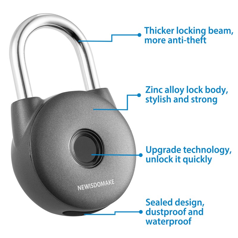 Newisdomake Fingerprint Padlock, Smart Lock with Key Backup, Waterproof for
