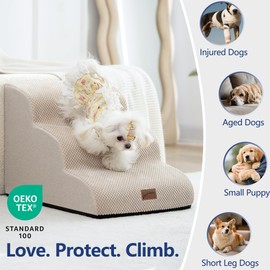 GoGoBunny Ramp Dog Stairs for High Beds 22.6" H, 5-Step Dog Slope Stairs with Durable Waterproof Fabric Cover, Pet Steps for Old Large Dogs Climbing, Non-Slip Sturdy Indoor Step, Beige