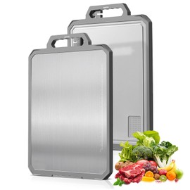 [2025 Upgraded] Stainless Steel Cutting Board Large 17" X 12", Knife Sharpener & Stand, Scratch-Resistant Double Sided Desgin, Wheat Straw PP Non Toxic Chopping Board, Juice Groove, Dishwasher Safe