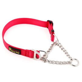 Plutus Pet Martingale Dog Collar with Stainless Steel Chain and Reflective Nylon, Adjustable No Pull Training Collar, for Small Medium, and Large Dogs, Red, L