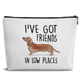 Dejfel Cute Dachshund Dog Makeup Bag for Women,I've Got Friends In Low Places,Wiener Dog Leather Small Zipper Pouch for Purse,Travel Organizer Pouch Small Makeup Bag for Purse