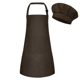 BOUBONI Kids Apron and Chef Hat Set Adjustable Cooking Art Apron with 2 Pockets Toddler Chef Hat and Apron for Cooking Baking and Painting, H-brown