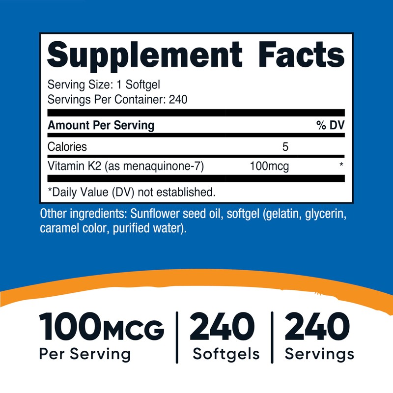 Nutricost Vitamin K2 MK-7 100 mcg, 240 Softgels - Gluten