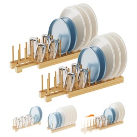 BusyePa Dish Rack, Flexible Bamboo Dish Drying Rack 2-Pack Pot Lid PlateStand Holder Adjustable Vertical Organizer Storage for Kitchen Cabinet Dish, Pot Lid, Bowl, Cup, Cutting Board