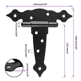 JOIKIT Paquete de 6 bisagras de puerta de granero de 5 pulgadas, bisagras de correa en forma de T con tornillos, bisagra decorativa clásica de puerta negra para vallas, ventanas, cobertizos, puertas
