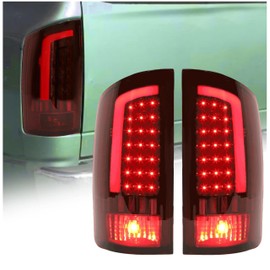 HECASA LED Tail Lights Assembly Compatible with 2002-2006 Dodge Ram 1500 2500 3500 LED Tube Bar Rear Brake Turn Signal Lamp Taillights Red Lens Chrome Housing Left & Right