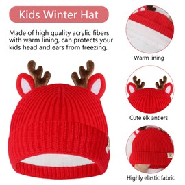 Kids Winter Beanie Hat Scarf Gloves Set for Girls Boys, Kids Toddler Knit Elk Antlers Hat Scarf Gloves Set for Winter, Christmas, New Year(Age: 2-6)