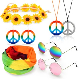 WuikerDuo Retro Hippie Accessories, Hippie Costume Set with 60s Retro Vintage Sunglasses, Peace Sign Necklace and Earring, Sunflower Crown Headband, Colourful Hippie Headband