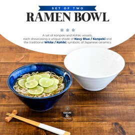 Kittachi-don Ceramic Bowl Set, Deep Japanese Rice Bowls in Konpeki and Kohiki, Ideal for Noodles, Cooking Prep, and Eating, Stackable and Sturdy Ceramic Bowls Set