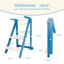 Foldable Toddler Learning Standing Tower, WOOD CITY Montessori Kitchen Step Stool Helper with 3 Adjustable Heights Learning Kitchen Tower for Counter and Bathroom Sink (White-Sky Blue)