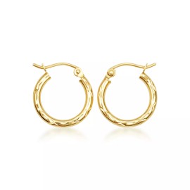 FDJ 14K Yellow Gold Textured Cut Tube Hoop Earrings