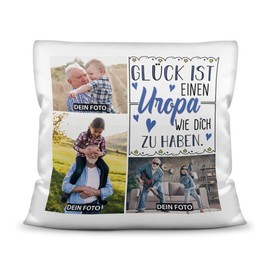 PR Print Royal Cushion with Cushion Filling with Photo Collage to Design Yourself with Three Photos and Saying "Glück ist, einen Uropa wie Dich zu haben - Cushion White, 40 x 40 cm